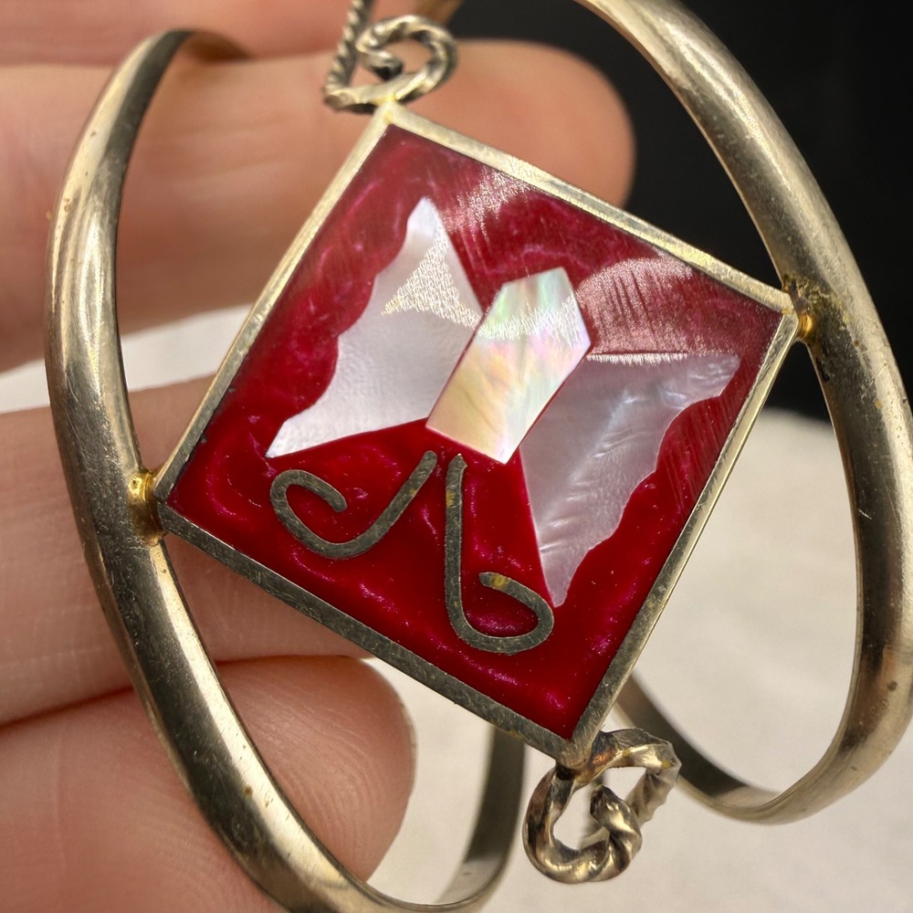 Vintage Alpaca Mexico Cuff Bracelet Red Mother of Pearl Butterfly Women 6in